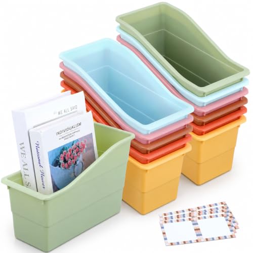 12 Pack Book Bins for Classroom with Labels, Blue Brown - color: Blue brown