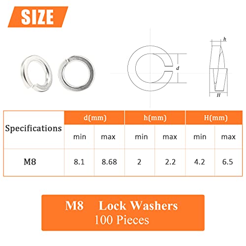 HELIFOUNER 100 Pieces M8 Stainless Steel Split Lock Washers, 304 Stainless Steel Spring Lock Washers for Screws Bolts, Silver - color: Silver, size: M8 (100 PCS)