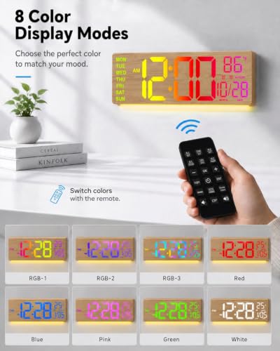 HAITANG 16.2" Wood Digital Wall Clock, 8 Colors, Remote & Night Light - color: Wood