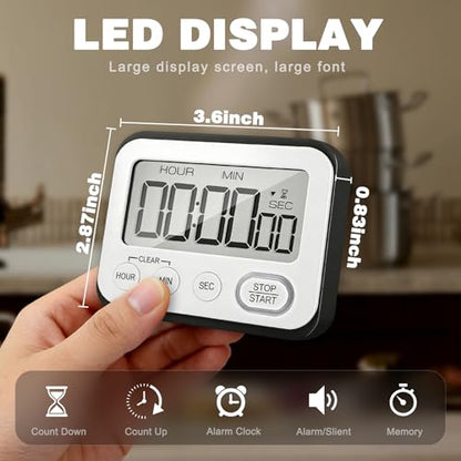 Digital Kitchen Timer Magnetic Loud Alarm, Large LCD Screen Silent/Beeping Multi-Function for Teachers Classroom Kids, Black - color: Black