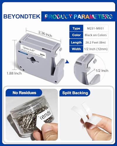 Colors M Tape Work for PT-70BM PT-M95 Replace with Brother P Touch M Tape - color: Black on Colors
