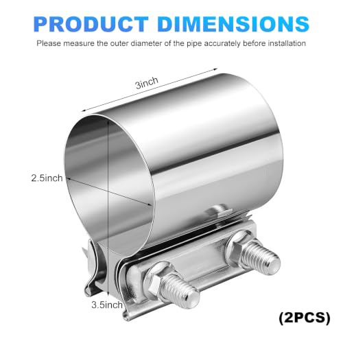 Exhaust Clamp, Stainless Steel Butt Joint Band Muffler Clamp with Nuts, Durable Butt Joint Exhaust Pipe Sleeve Coupler Replacement for Most Vehicles, Car Accessories (2.5“) - color: 2.5“, 1 Pcs