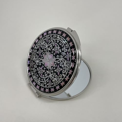 Portable Makeup Compact Double Magnifying Mirror Cosmestic Foldable Pocket Style Unique Mother of Pearl Design (Ivy) - color: Ivy