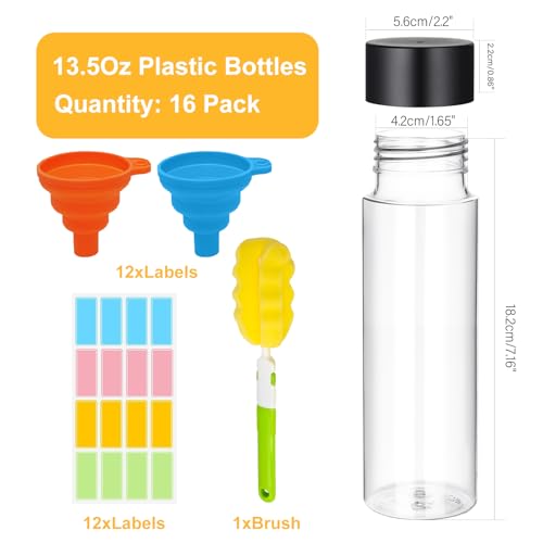 DI QIU REN 16 Pack Clear Plastic Bottles Empty Sensory Bottles with Caps – Reusable Juice Bottles Drink Containers Leakproof Water Bottle for Juice Milk (Black Lids, 13.5 oz / 400 ml) - size: 16 Pack 13.5 oz/ 400 ml