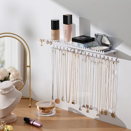 Necklace Holder Wall Hanging Organizer: Wall Mounted Jewelry Shelf with 56 Hooks and Tray, Display Hanger for Kids, Girls and Women, White & Metal - color: white