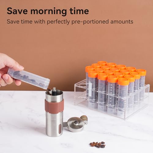 20Pcs Single Dose Coffee Bean Storage Tubes with Stand & Hopper - Plastic Airtight Coffee Bean Cellar, Espresso Coffee Dosing Vials with Scales and Write Marks for Ground Coffee Spices Loose Tea, 17g
