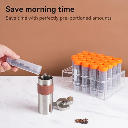 20Pcs Single Dose Coffee Bean Storage Tubes with Stand & Hopper - Plastic Airtight Coffee Bean Cellar, Espresso Coffee Dosing Vials with Scales and Write Marks for Ground Coffee Spices Loose Tea, 17g