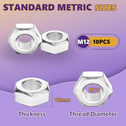 10pcs M12 Hex Nuts, 18-8 (304) Stainless Steel Metric Hexagonal Nuts, Heavy Duty M12-1.75 Coarse Thread Fasteners for Structural Framing, Solar Racking & Heavy Machinery - size: 10Pcs-M12