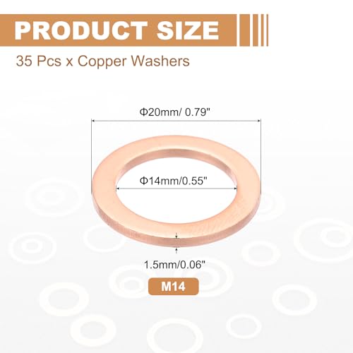 PATIKIL 35PCS M14 Copper Washers, M14x20x1.5mm Copper Crush Washer Metric Flat Washers Sealing Washers Assortment Kit Oil Drain Plug Gasket Ring for Automotive Battery Vehicles Screws Bolt - size: M14x20x1.5mm