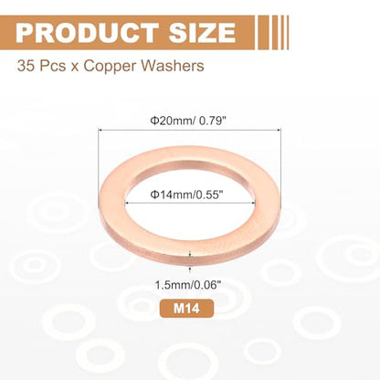 PATIKIL 35PCS M14 Copper Washers, M14x20x1.5mm Copper Crush Washer Metric Flat Washers Sealing Washers Assortment Kit Oil Drain Plug Gasket Ring for Automotive Battery Vehicles Screws Bolt - size: M14x20x1.5mm