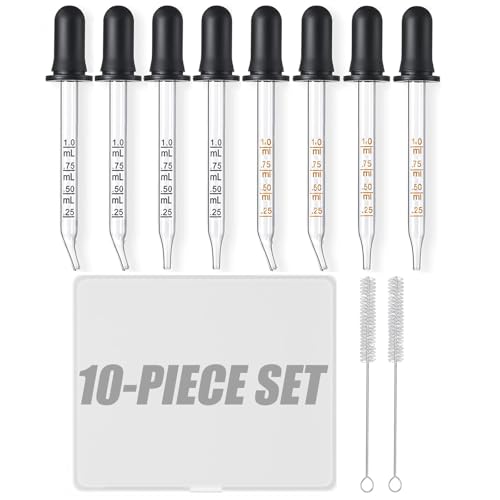 10Pcs 1ML Glass Eye Dropper Set, Storage Case, 2 Cleaning Brush, SGS Tested - color: 10-Piece Set