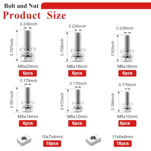 Tnisesm 72PCS M5 & M6 Motorcycle Battery Terminal Bolts and Nuts Kit Stainless Steel M5x10/12/14mm & M6x12/16/20mm Bolts with Rectangular Nuts for ATV Generator Battery Terminal Replacement - size: M5&M6-72PCS