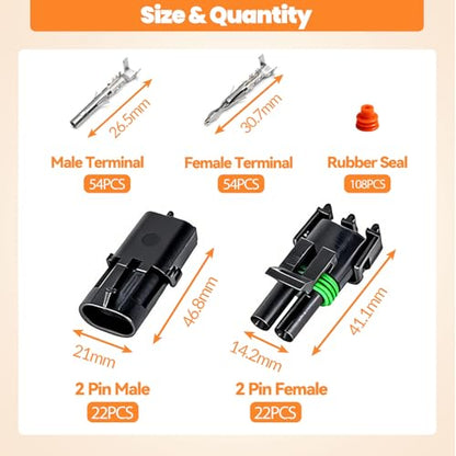 22 Kits 2Pin Waterproof Automotive Electrical Connectors Male&Female Automotive Replacement Electrical Accessories 22-14AWG with Ratchet Crimping Tool - size: 261PCS