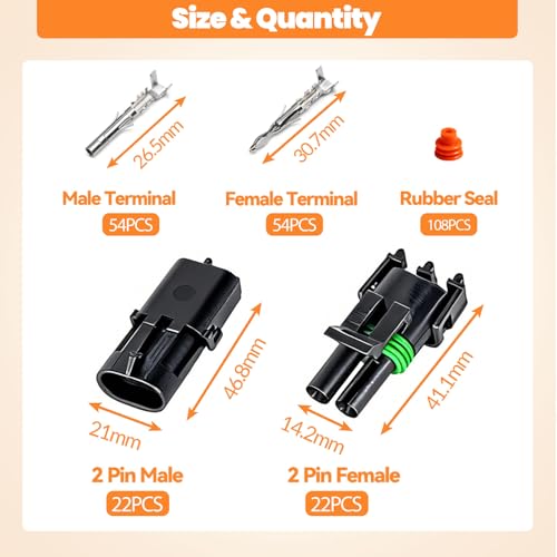 22 Kits 2Pin Waterproof Automotive Electrical Connectors Male&Female Automotive Replacement Electrical Accessories 22-14AWG with Ratchet Crimping Tool - size: 261PCS