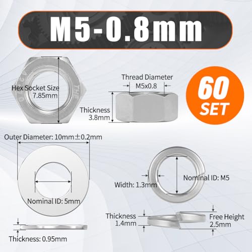 M5 Nuts and Washers Assortment Kit, Hex Nut Spring Washer Flat Washer - color: steel gray, size: Metric M5