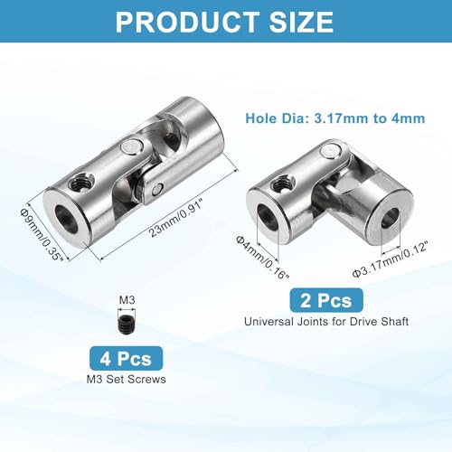 MECCANIXITY 2pcs Universal Joint Shaft Coupling, 3.17mm to 4mm Inner Dia Rotatable Steering Shaft U Joints Coupler with Screws for RC Car, Robot, Boat Drive Ship Motor Use - size: 3.17mm to 4mm