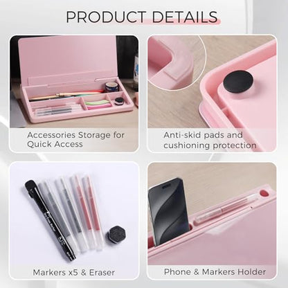 TOWON Compact Glass Desktop Whiteboard with Storage 12x7 in, Pink - color: Pink