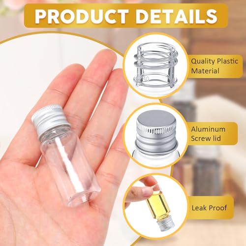 200 Pcs 10ml Mini Plastic Bottles Vials Tiny Jar with Aluminum Screw Lid Cap Clear Plastic Sample Container with Sealed Top Metal Lid for Cosmetic Essential Oil Specimen(Silver and Clear) - color: Silver and Clear