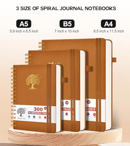 PERCUN B5 Spiral Notebook 300 Numbered Lined Pages Hardcover Journal 7"x10" - color: Brown, size: B5 size (7in x 10in)