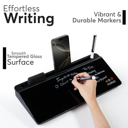 HURUC Desk Buddy Glass Desktop Whiteboard – Desk Board Buddy Hidden Storage - color: Black