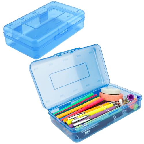 Pencil Box, Clear Pencil Case, Large Capacity Plastic Hard Pencils Case Crayon Box with Snap-Tight Lid Stackable for Kids Adult Student Pens Pencils School Supplies Storage Office Supplies, Blue - color: Blue