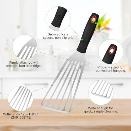 Fish Spatula Set of 3, Stainless Steel Slotted Turners with Thin Flexible Blades and Comfortable Handles for Cast Iron Skillets, Griddles, Fish, Eggs, Burgers and Pancakes