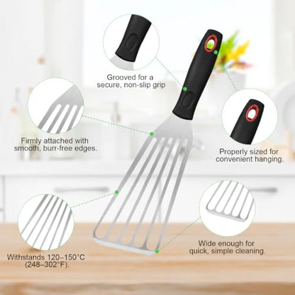 Fish Spatula Set of 3, Stainless Steel Slotted Turners with Thin Flexible Blades and Comfortable Handles for Cast Iron Skillets, Griddles, Fish, Eggs, Burgers and Pancakes