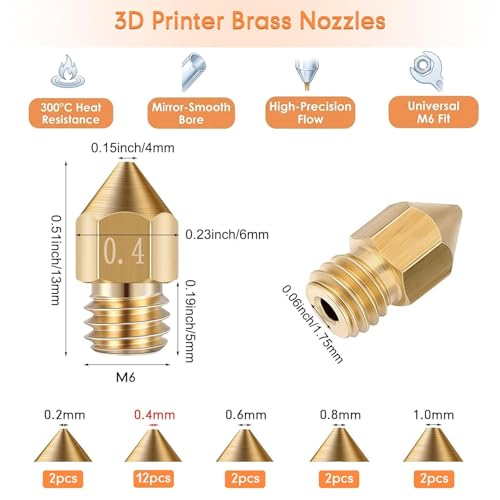 3D Printer Nozzle Kit: 20PCS High Precision MK8 Brass Nozzles (0.2/0.4/0.6/0.8/1.0mm) with Socket Wrench, 10PCS 0.4mm Cleaning Needles & Tweezers for CR-8 / CR-10 / Ender 3 / Ender 3S / 5/6