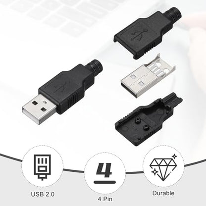 MECCANIXITY 10Pcs USB 2.0 Type A Male Female Plug Connector, 4 Pin Solder Terminal with 3mm Cable Hole for DIY Cable Repair Kit, Power Supply, Microcontroller Projects, Black, 33x16mm