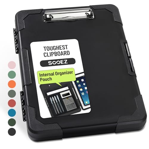 Sooez Toughest Clipboard with Storage, Internal Pen Pouch Included, Letter/ A4 Size, Shockproof Heavy Duty Plastic Clip Boards 8.5x11”, High Capacity Clipboards Box Case for Contractor Trucker Driver - color: All Black