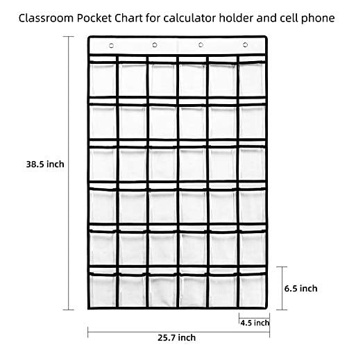 SAVERHO 36 Clear Pockets Classroom Pocket Chart for Cell Phones, Pocket Chart for Calculator Phone Holder with 36 Number Stickers and Hooks (White) - color: White-1pack of 36pockets