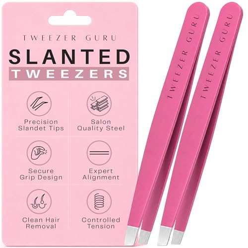 Tweezer Guru Tweezers for Women Facial Hair & Men – Precision Slant-Pointed Eyebrow Tweezer for Ingrown Hair, Blackhead & Splinter Removal (2 Pink) - color: Classic Pink, size: 2 Count (Slant)