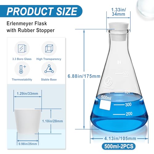 2pcs 500ml Glass Erlenmeyer Flask Sets with Rubber Stopper Laboratory Flask 3.3 Borosilicate Glass, Narrow Mouth, Printed Graduation, Lab Chemistry Conical Flask - size: 500ml-2pcs