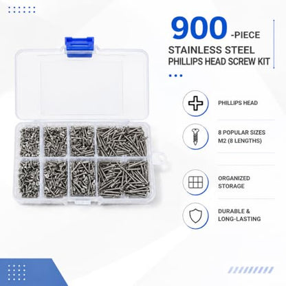 900 Pcs M2 Mini Screw Kit, Miniature Phillips Self Tapping Tiny Screws Assortment (M2x4/M2x5/M2x6/M2x8/M2x10/M2x12/M2x16/M2x20) - size: 5.51*3.74*1.18