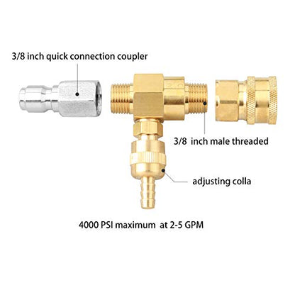 Sooprinse Chemical Injector Kit for High Pressure Washer, 4000 PSI Adjustable Soap Dispenser with a 1/4 Inch Black Soap Nozzle and Teflon Tape, 16 Ft Siphon Hose, 3/8 Inch Quick Connect