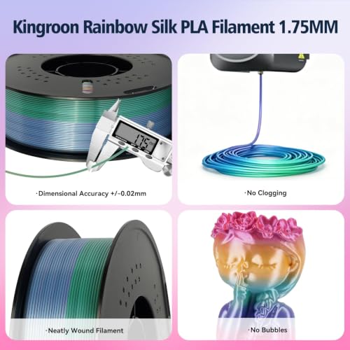 kingroon Rainbow PLA Filament 1.75mm, 5 Colors Fast Color Change Silk PLA 3D Printer Filament, Shiny Smooth Multicolor Filament with +/- 0.02mm Accuracy, 1kg Spool(Candy) - color: 1kg Rainbow Silk Pla Candy
