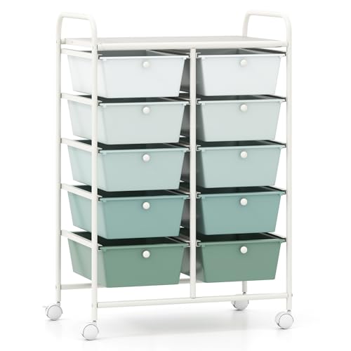 COSTWAY 10 Drawer Rolling Storage Cart, Utility Cart with Lockable Wheels - color: Green Gradient, size: 10 Drawer