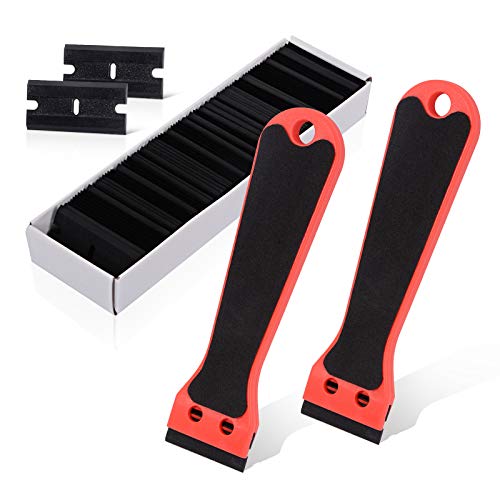 EHDIS 2pcs Plastic Razor Scraper 6-inch Long Handle Adhesive Remover Tool with 100 Double-Edge Blades for Window Tint Vinyl Scraper Decal Sticker Glue Remover (Red) - color: Red