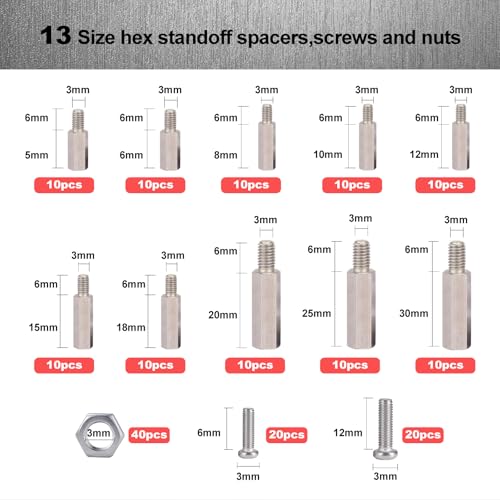 M3 Hex Carbon Steel Standoff,180 Pcs M3 Male Female Metric Thread Mount Spacer Screw Nut Bolt Motherboard Spacer Accessories for PCB, Quadcopter Drone,Computer & Circuit Board Assortment Kit