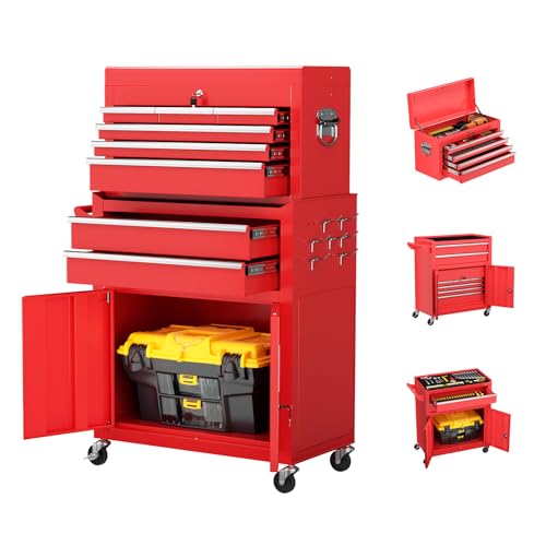 Oakcloud Heavy-Duty 8-Drawer Rolling Tool Chest & Cabinet Combo with Black Liner – Lockable Steel Garage Tool Box on Wheels – Detachable Top Toolbox & Bottom Storage Cart with Side Hooks, Red - color: Red, size: 8-Drawer