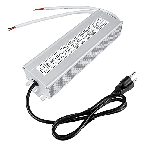 inShareplus LED Power Supply, 24V 200W IP67 Waterproof Outdoor Driver, AC 90-140V to DC 24V 8.3A Low Voltage Transformer, Adapter with 3-Prong Plug for LED Light, Computer Project, Outdoor Use - style: 24V 200W