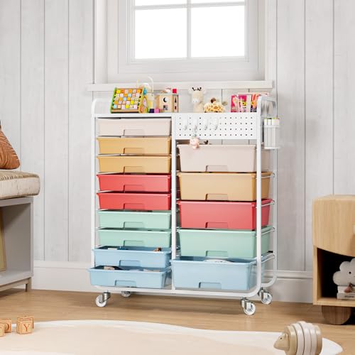 14 Drawer Rolling Storage Cart with Tabletop and Pegboard for Craft Color - color: Rainbow