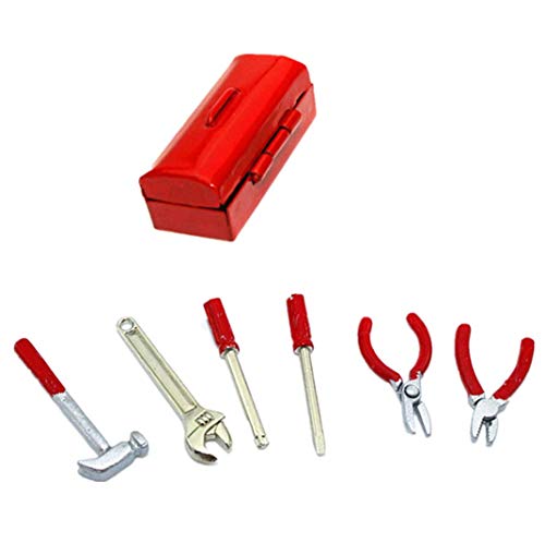 Dollhouse Decoration Accessories, 1:12 Dollhouse Miniature Scene Model Work Tools Set with Toolbox 7 Pcs (Red Tools+Red Box, As Shown) - color: Red Tools+red Box