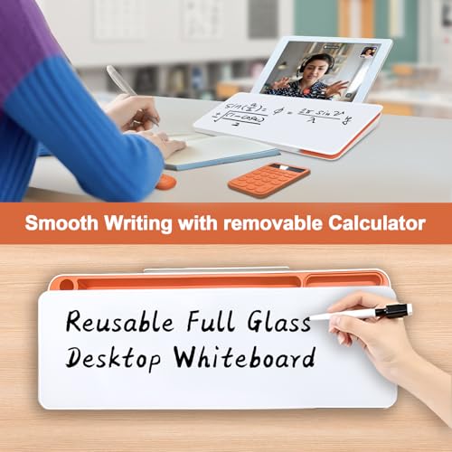 Desk Whiteboard Dry Erase Glass Desktop Whiteboard with Calculator, Desk Board with Keyboard Stand for Office or School