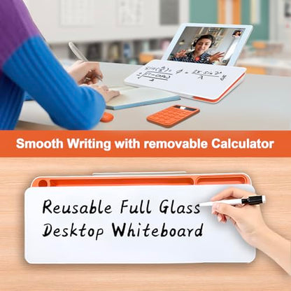 Desk Whiteboard Dry Erase Glass Desktop Whiteboard with Calculator, Desk Board with Keyboard Stand for Office or School