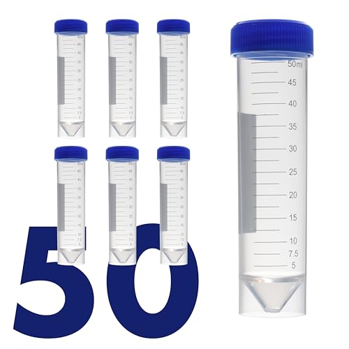Kashi Scientific 50mL Self Standing Centrifuge Tubes with Screw Cap Lid, Lab Grade Polypropylene Plastic, Skirted, Printed Graduation, Write-on Spot [50mL Self-Standing, 50] - size: 50mL Self-Standing, Sterile