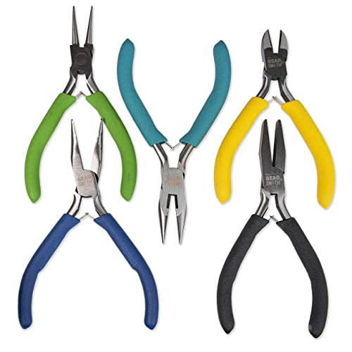 The Beadsmith Color‑ID Plier Set, 5 Piece Jewelry Tool Kit with Comfort Grip Handles, Includes Round, Flat, Bent, Chain Nose & Side Cutter, 5 Inch Lap‑Joint Pliers