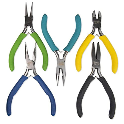 The Beadsmith Color‑ID Plier Set, 5 Piece Jewelry Tool Kit with Comfort Grip Handles, Includes Round, Flat, Bent, Chain Nose & Side Cutter, 5 Inch Lap‑Joint Pliers