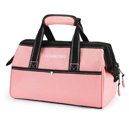 WORKPRO 13-Inch Tool Bag, Pink Soft Cloth Tool Storage Bags, Wide Mouth Tool Tote Bag with Inside Pockets - Pink Ribbon - color: Pink