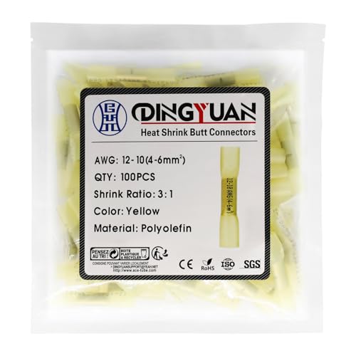 Heat Shrink Crimp Butt Connectors, 12-10 AWG, Yellow, 100PCS - size: Yellow 100PCS